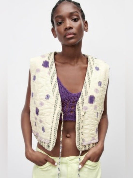 Zara Other - Zara cotton/linen quilted tie front vest